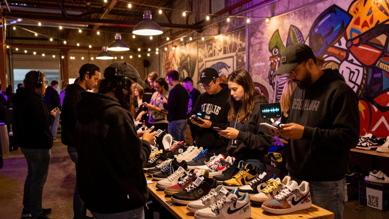 A vibrant pop-up sneaker event in a Chicago warehouse features unique hand-designed kicks under string lights.