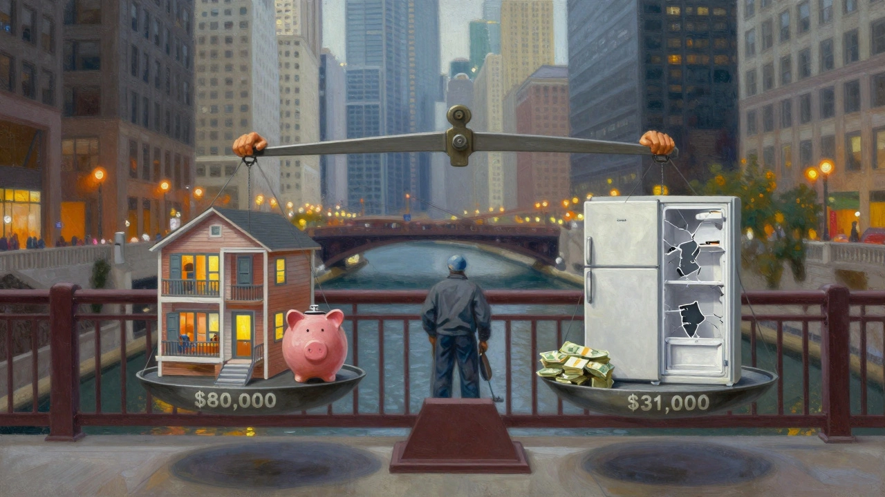 A worker on a Chicago bridge holds a scale comparing a high salary with affordable living against a low wage and financial struggle.