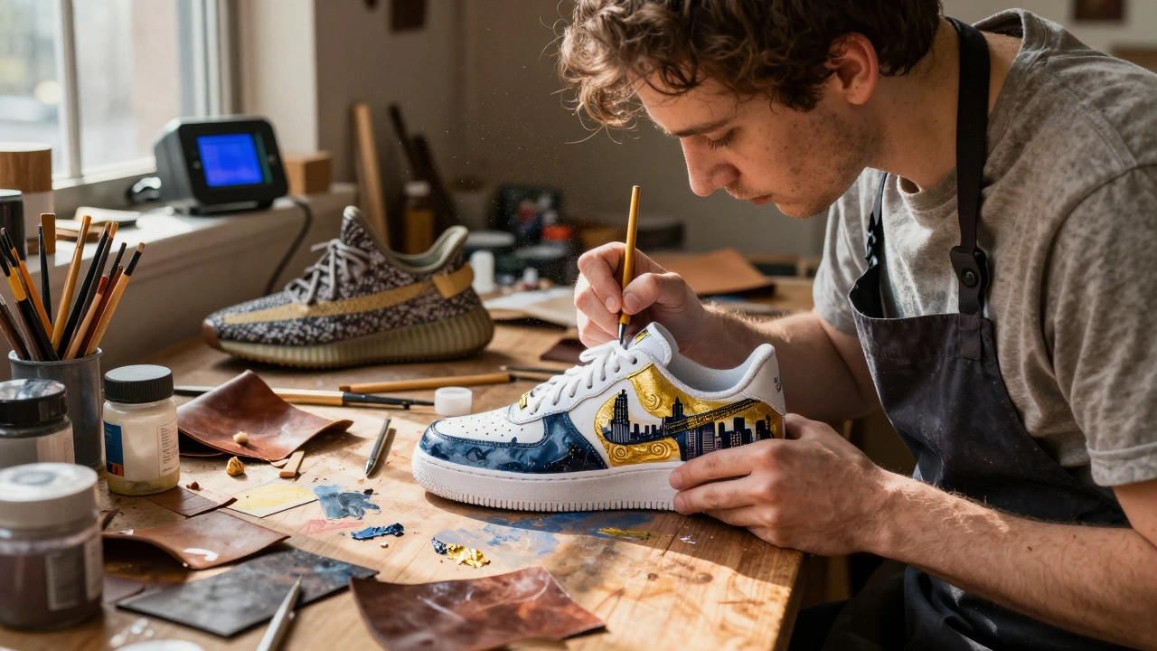 An artist hand-paints a Chicago skyline mural on a Nike Air Force 1 in a cozy custom workshop.