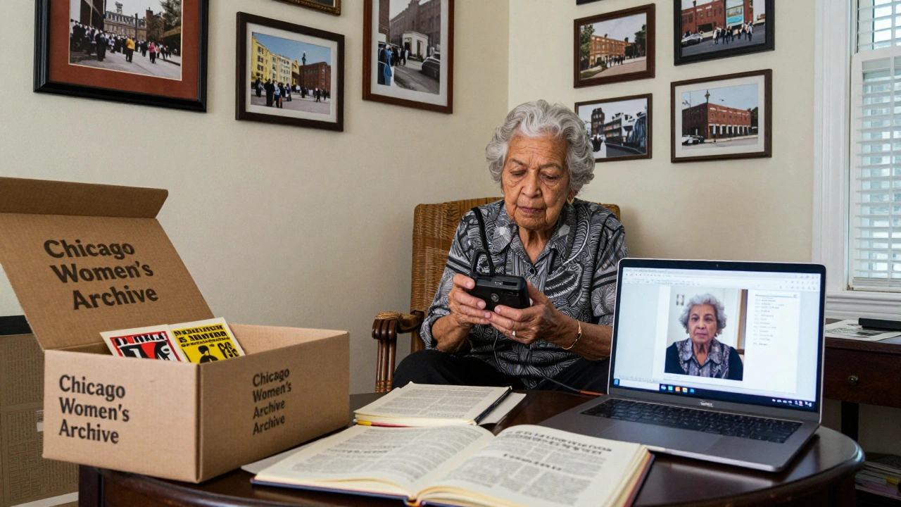 An elder shares Chicago memories with an archivist during an oral history session in a home filled with vintage photos.