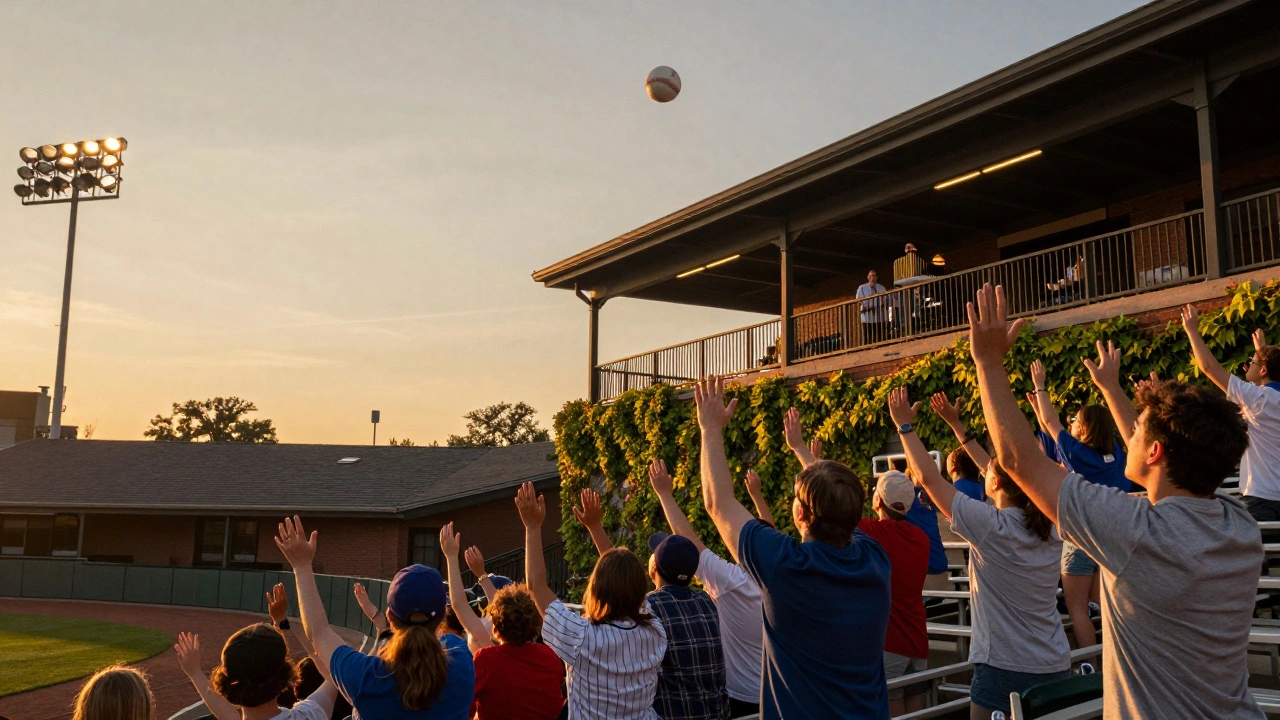 Baseball in flight over Wrigley Field's right-field wall toward rooftop spectators at sunset.