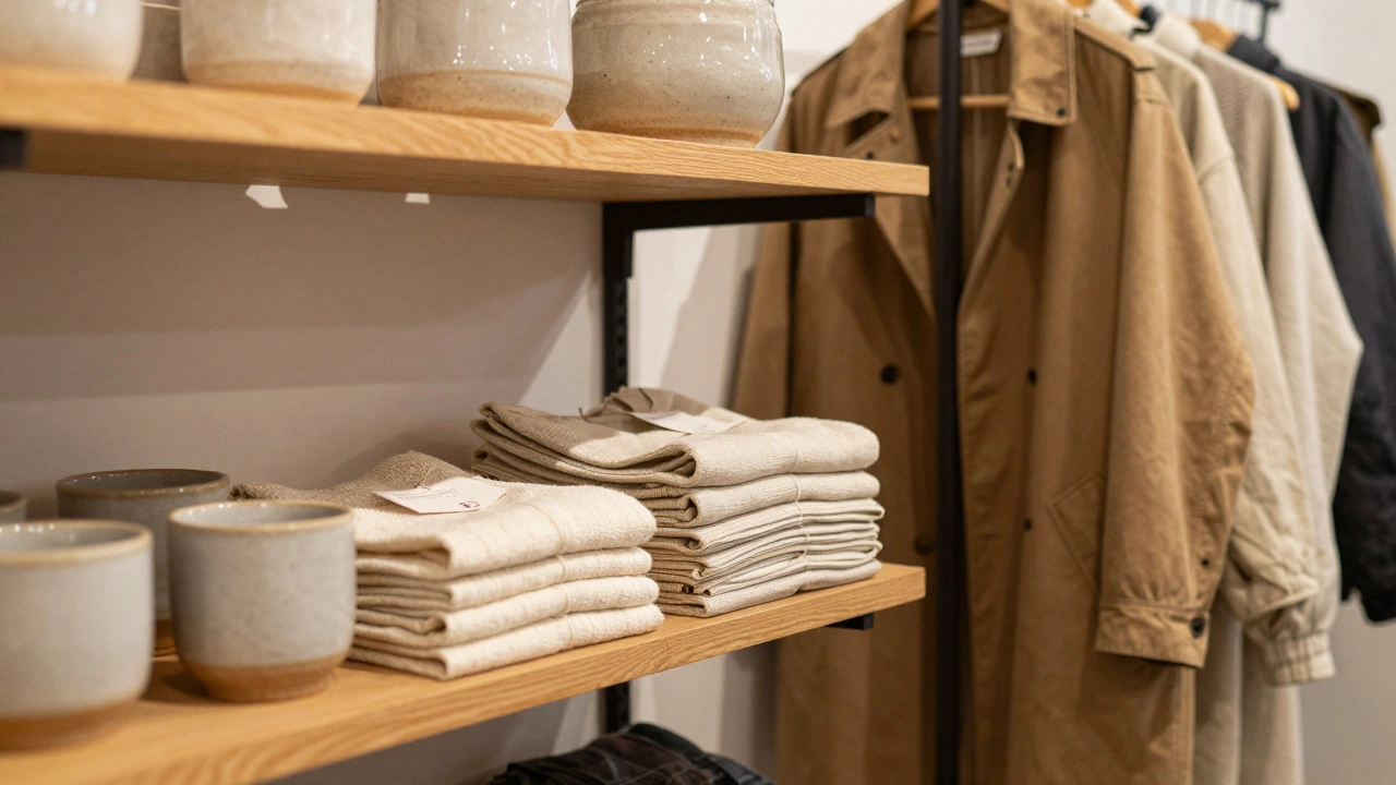 Boutique interior with handmade goods and clothing racks.