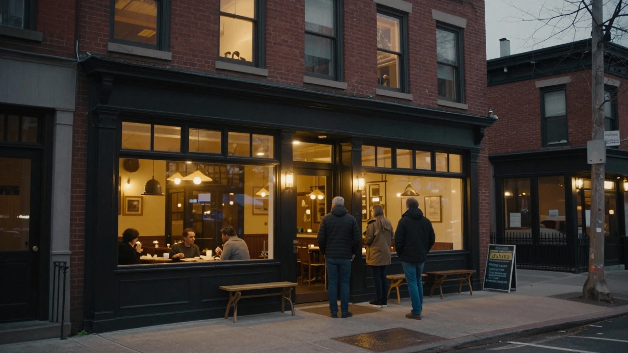 Cozy restaurant exterior in a Chicago neighborhood with warm lighting spilling out.