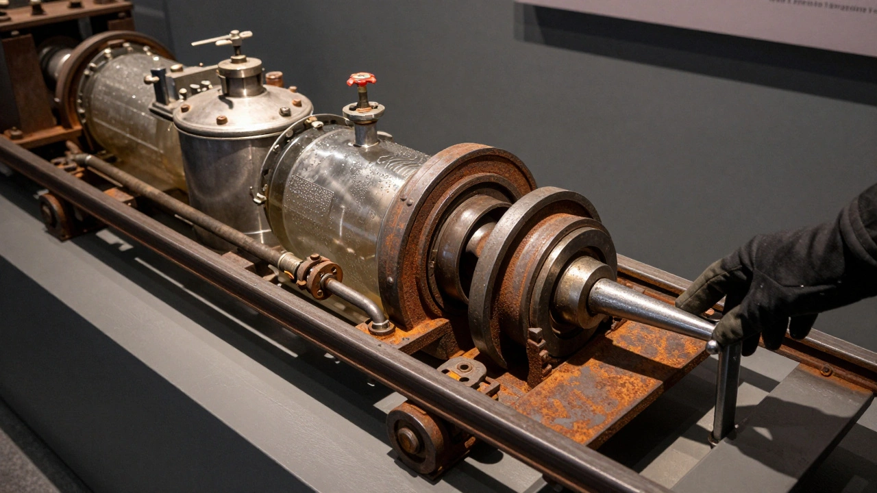 Cutaway view of the bridge's steel roller track and water-filled counterweight tanks, with a hand touching the historic mechanism.
