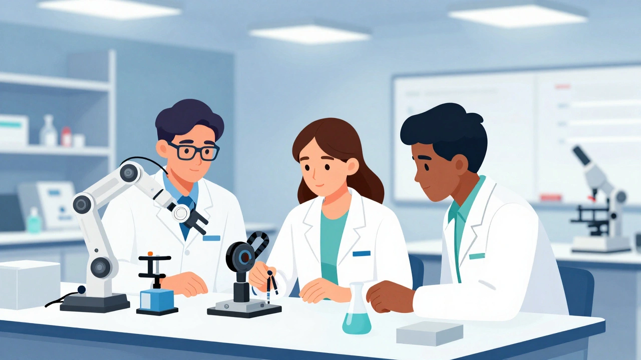 Diverse students collaborating on medical research equipment in a bright laboratory.