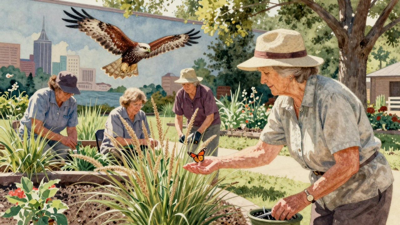Elderly woman planting native grasses in a healing garden as a monarch butterfly lands on her hand.