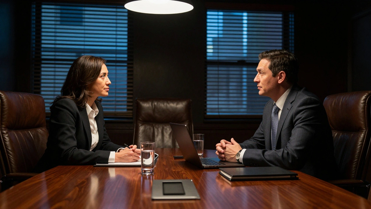 Executives discussing contract details in a dimly lit modern boardroom.