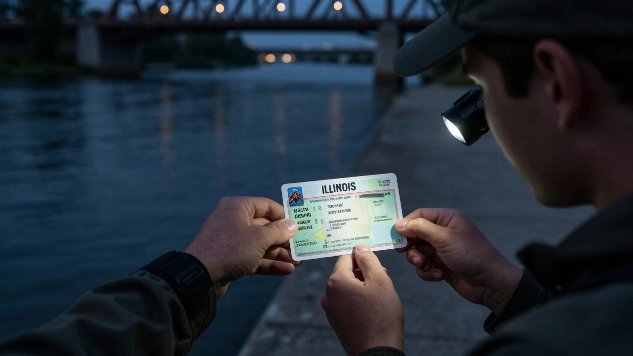 Game warden holding a fishing license next to a young angler's hand in dim riverside light, Chicago River backdrop blurred, tense atmosphere.