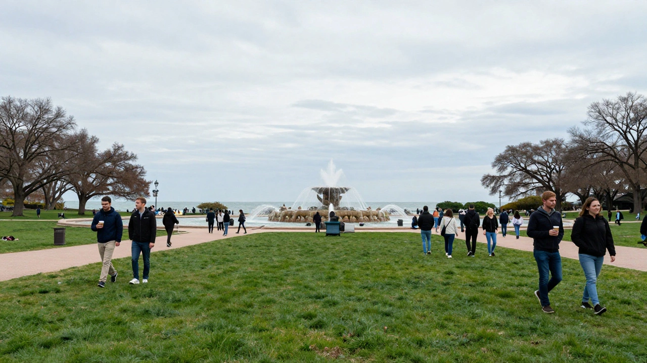 Grant Park green lawn with Buckingham Fountain and people strolling in spring