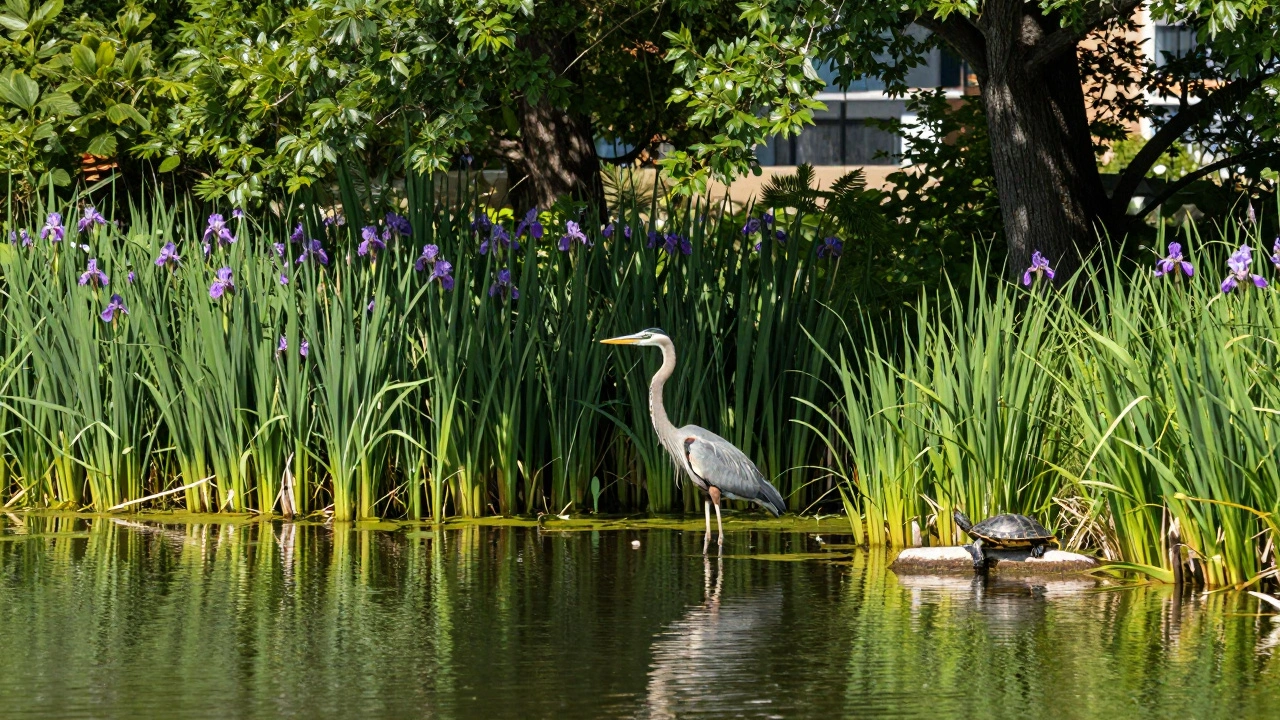 Great blue heron standing in wetland near blooming irises and reeds.