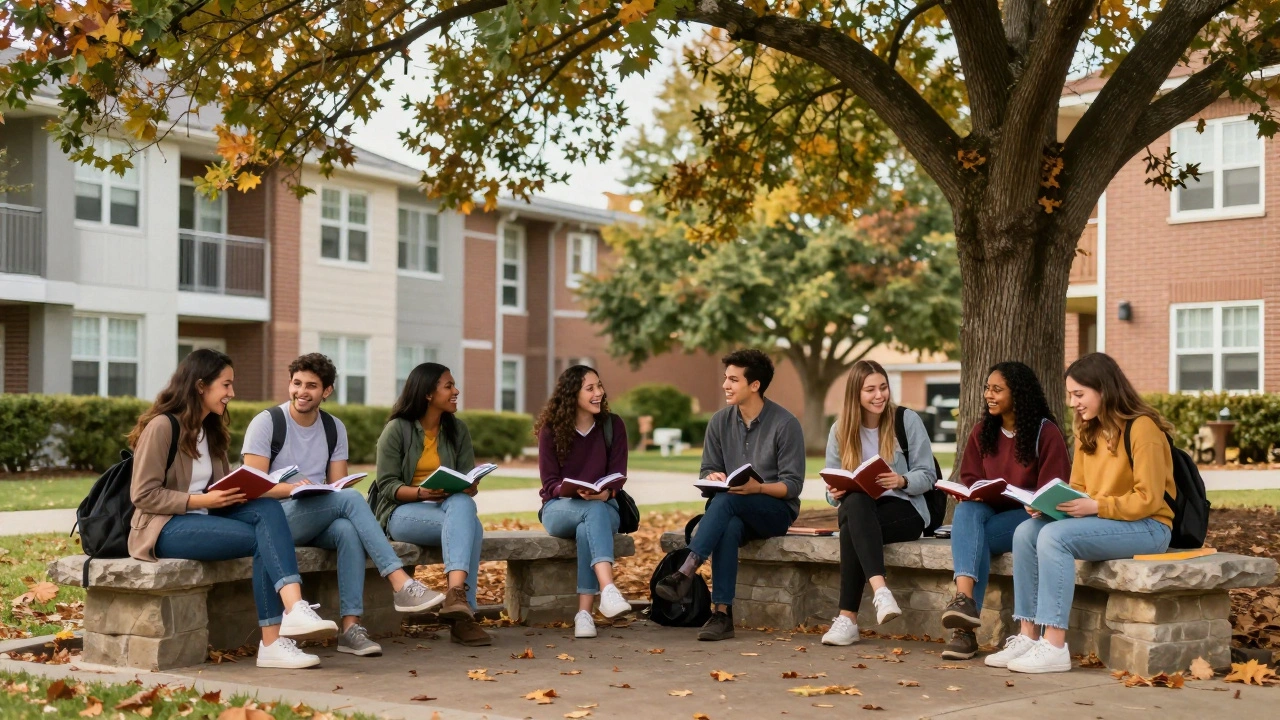 Group of university friends laughing together on a grassy quad near dormitory.