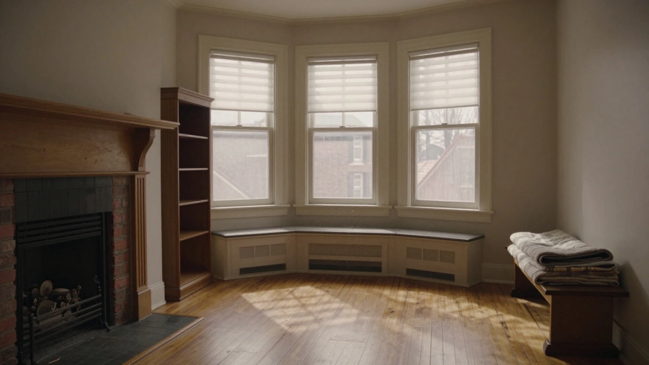 Interior of a 1920s Chicago bungalow showing oak floors, brick fireplace, and built-in china closet.