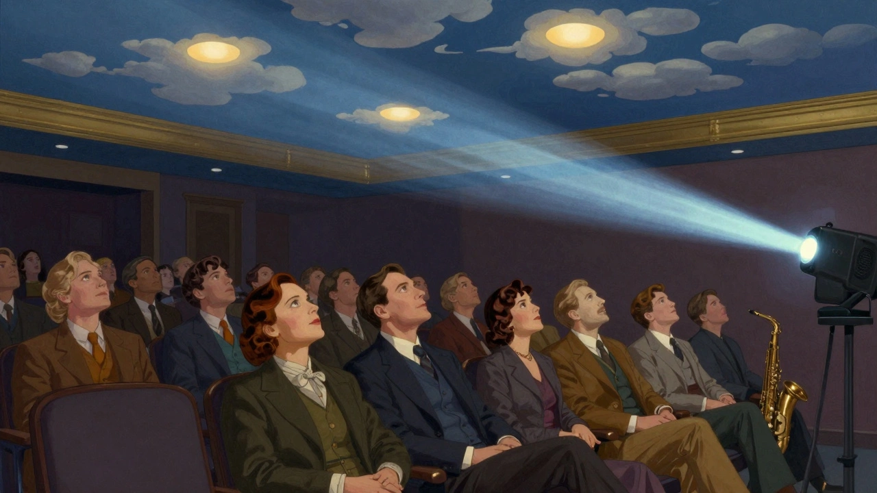 Interior of the Uptown Theater at night, glowing terra cotta ceiling resembling a starry sky during a film screening.