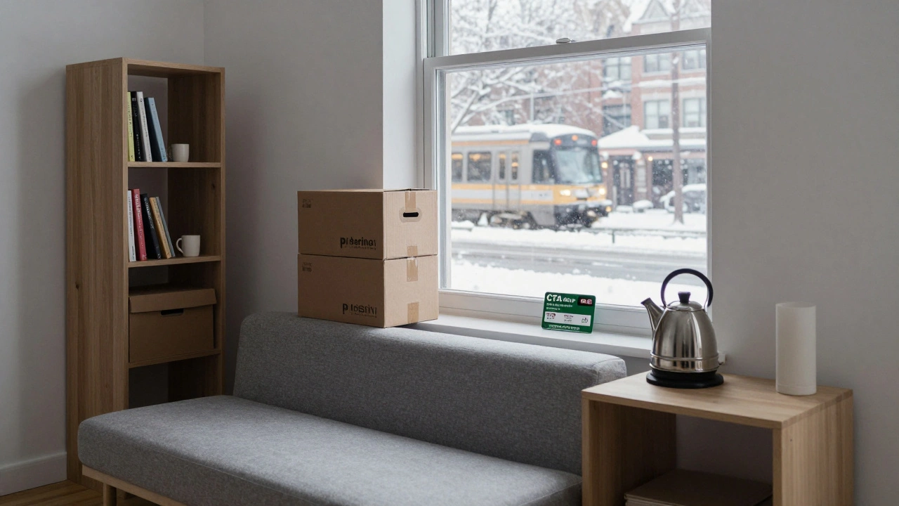 Minimalist apartment in Chicago with free moving boxes and CTA pass on windowsill, snow outside.