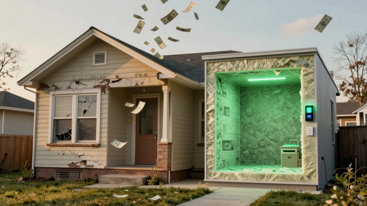 Old drafty home versus modern energy-efficient home in Chicago, showing insulation and utility cost differences.