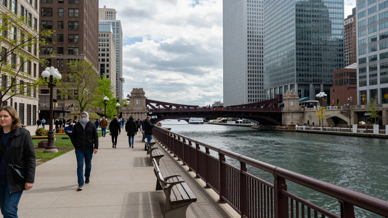 Pedestrians walking along Chicago Riverwalk with bridges and water visible