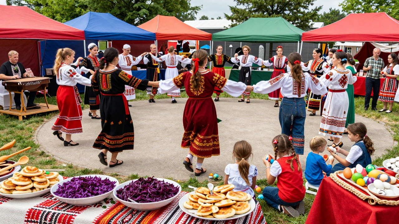 People dancing hora at Romanian Folk Festival with music and traditional crafts