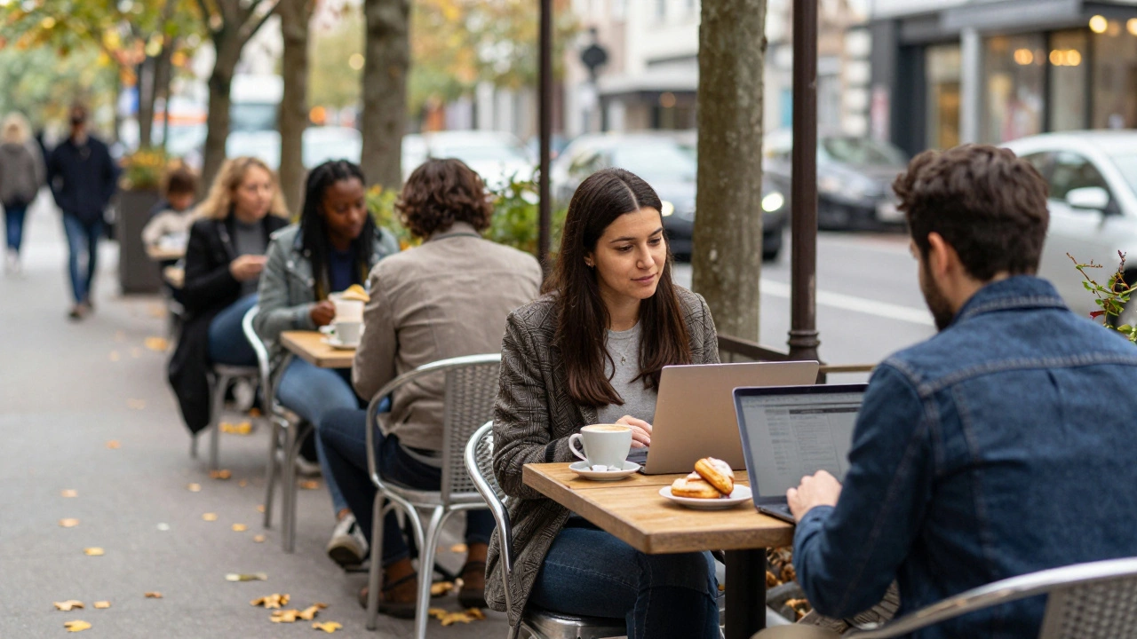 People sitting at outdoor cafe tables with coffee.