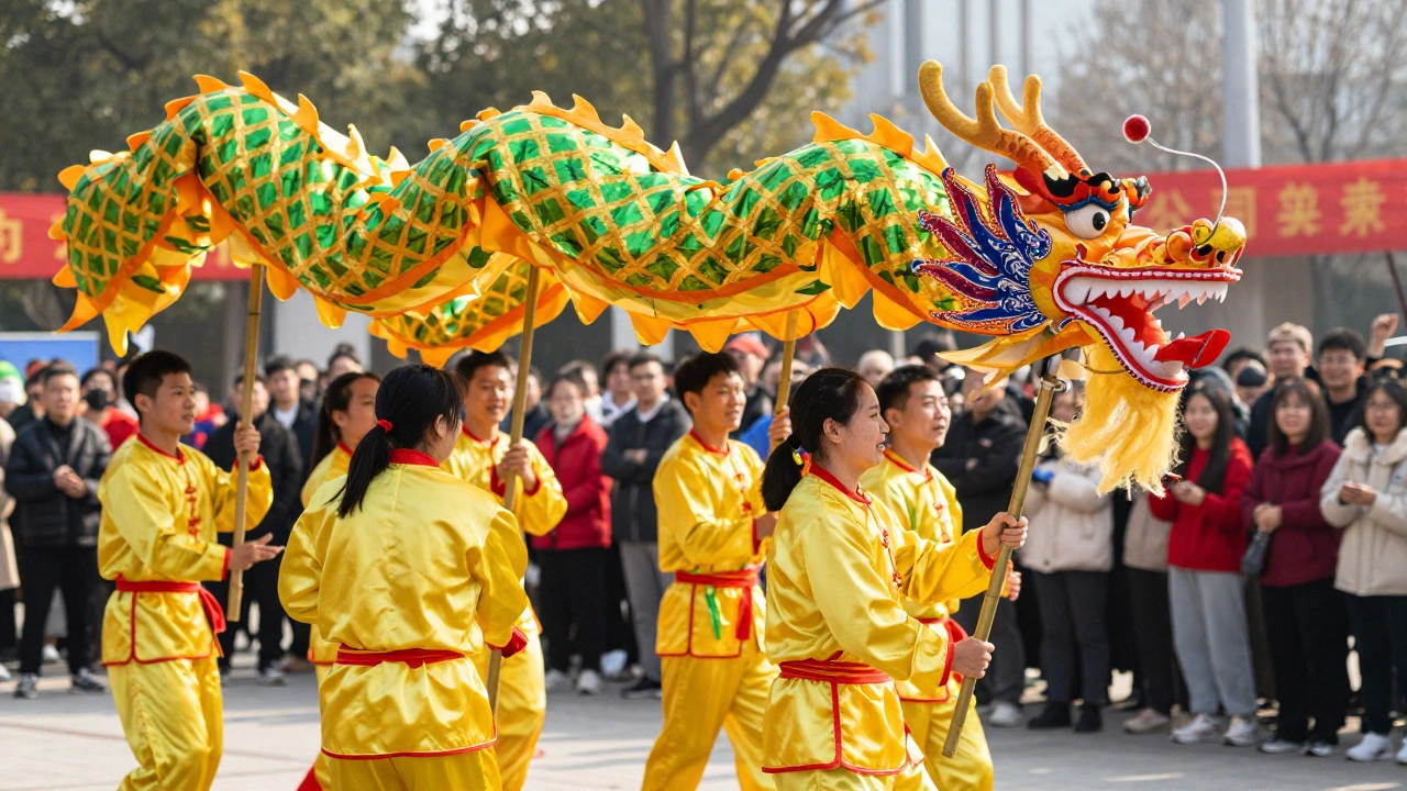 Performers maneuvering a colorful dragon puppet during a parade in front of a crowd