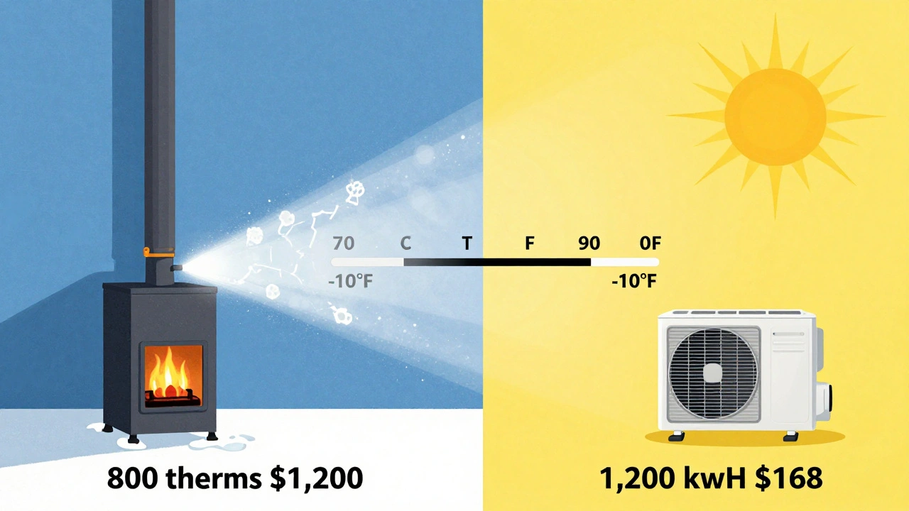 Side-by-side comparison of winter gas heating and summer electricity cooling in Chicago homes.