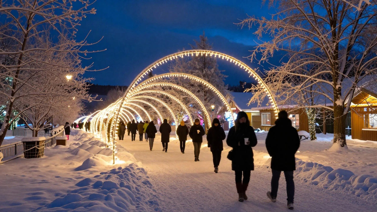 Snowy pathway illuminated by festival light arches during winter event.