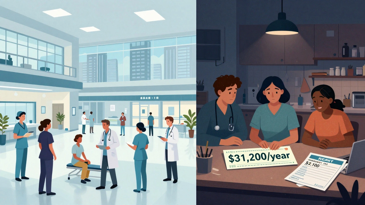 Split scene: a thriving hospital on one side, a cramped apartment with three roommates on the other, showing income inequality.