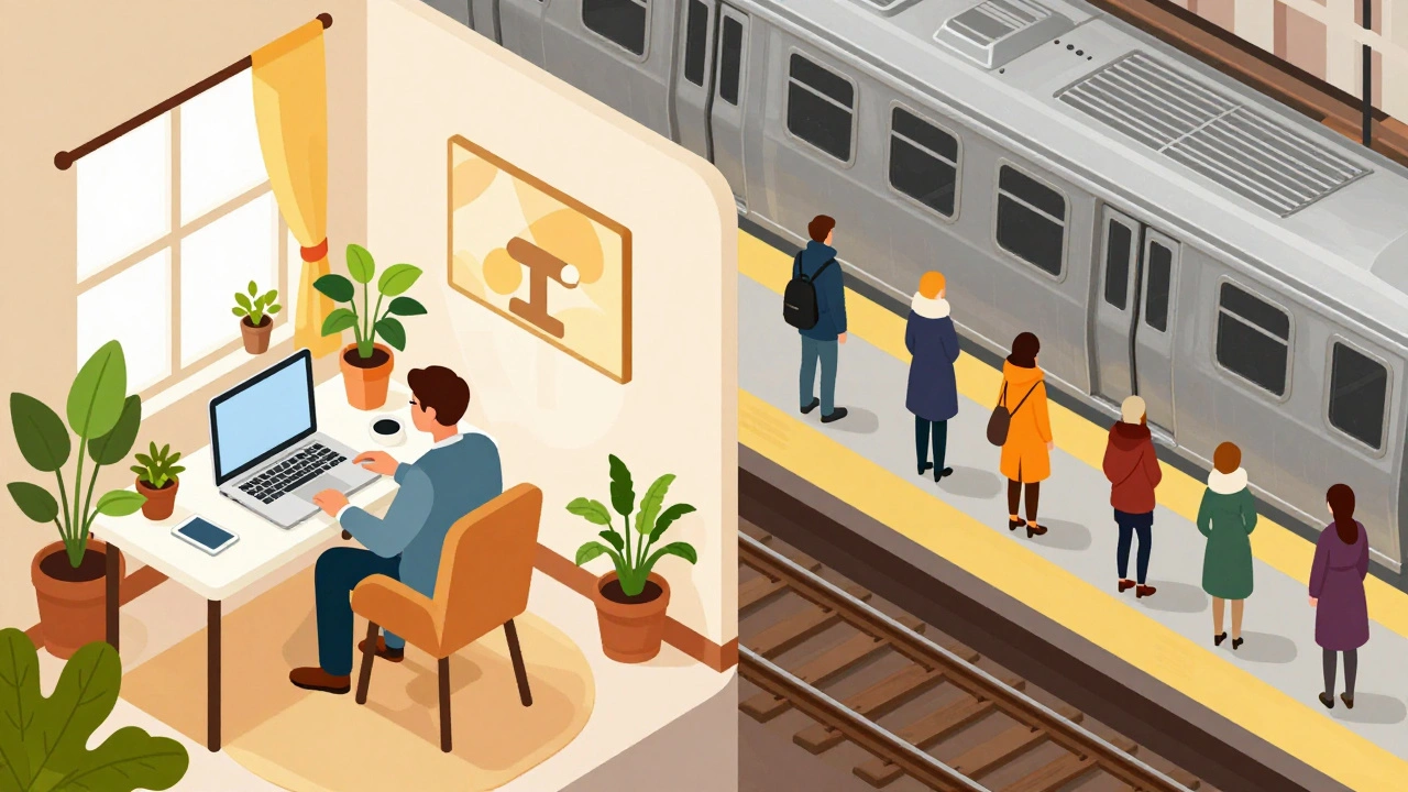 Split scene comparing home office comfort to crowded public transit commute.