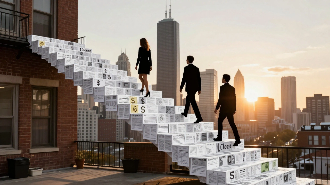 Staircase of financial documents and code leading from a modest home to a high-rise office, symbolizing career growth in Chicago.