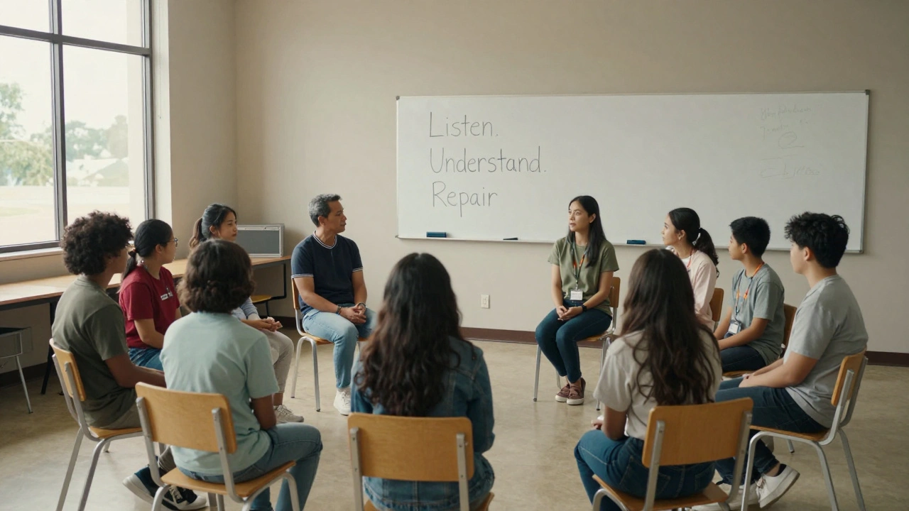 Students and a parent participate in a restorative circle, talking through conflict with a trained facilitator.