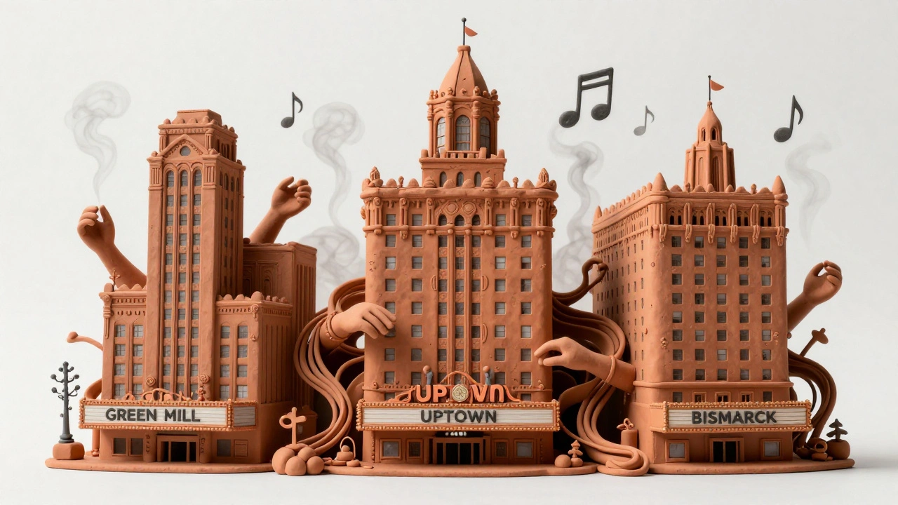 Surreal fusion of Uptown's historic buildings with terra cotta details morphing into jazz notes and hand-shaped ornaments.