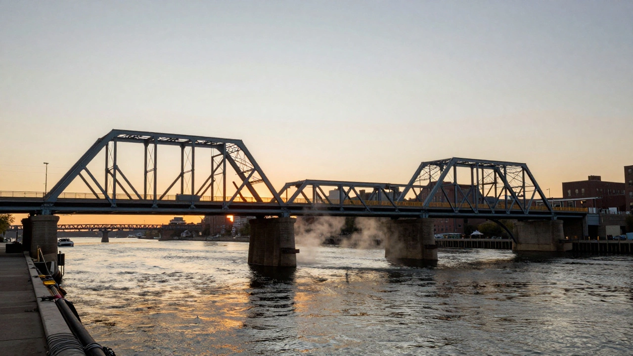 The Michigan Avenue Bridge swinging open at sunset, with two steel spans rotating around a central pivot over the Chicago River.