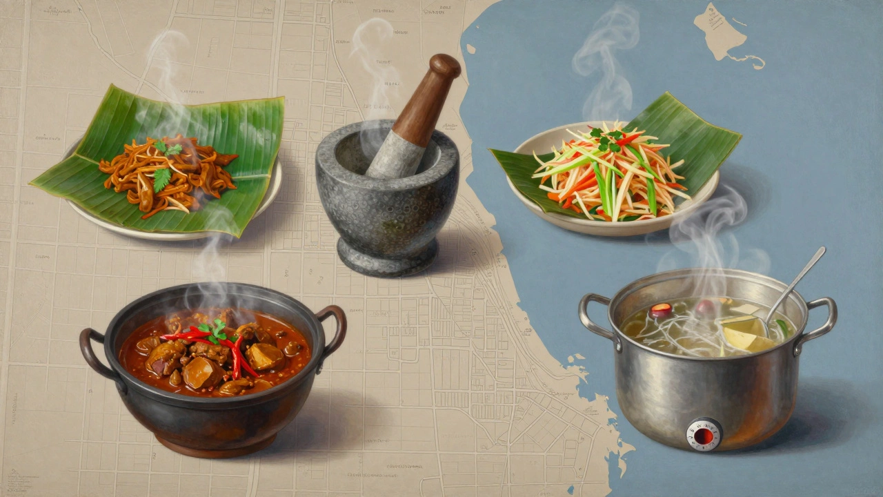 Traditional Southeast Asian cooking tools and dishes symbolizing decades of immigrant culinary heritage.