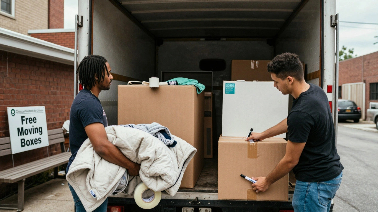 Two people loading a rented truck using clothes as padding and labeling boxes with duct tape and marker.