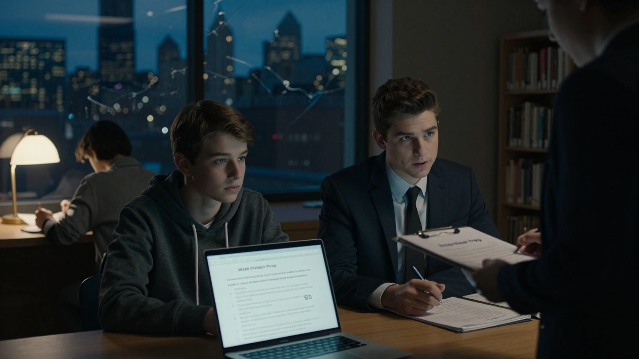 Two teens in a tutoring center at night—one stressed over test scores, the other rehearsing for an interview—while a third studies alone in a library.