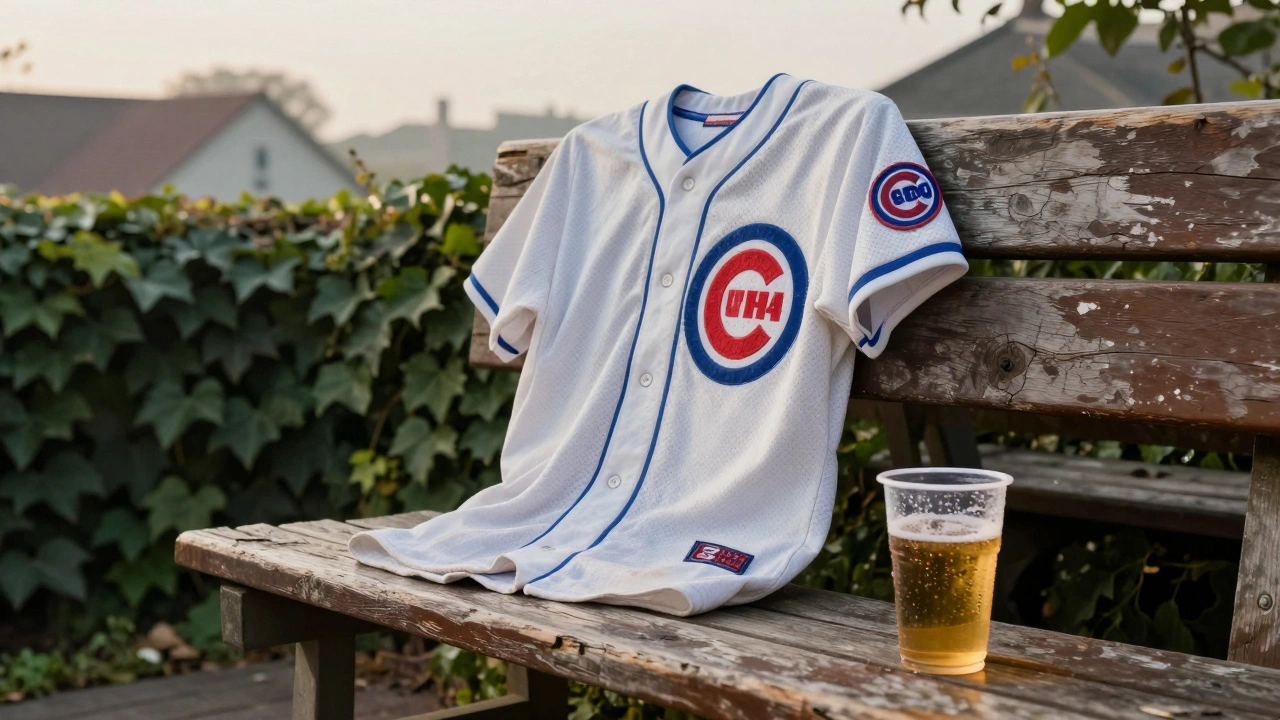 Weathered wooden bench with vintage Cubs jersey and plastic beer cup beside it.