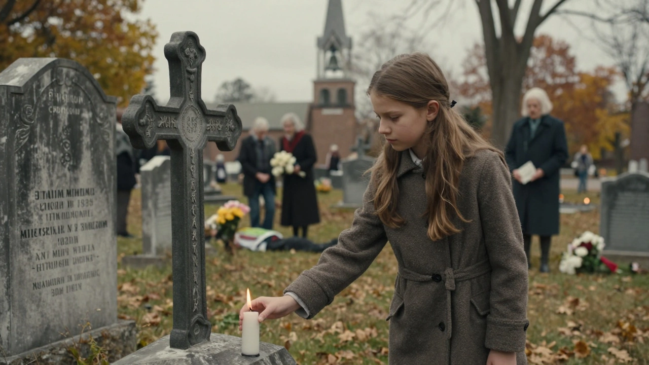 Young woman placing candle on Romanian gravestone in autumn cemetery