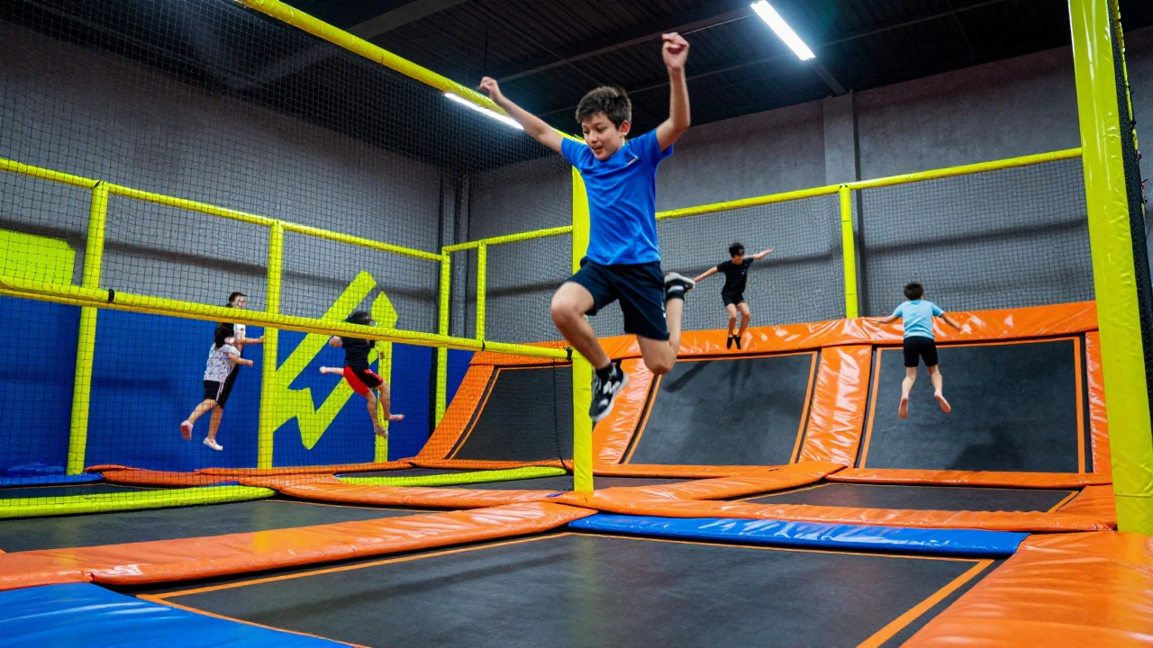 A child jumping high on a trampoline in a colorful indoor play center