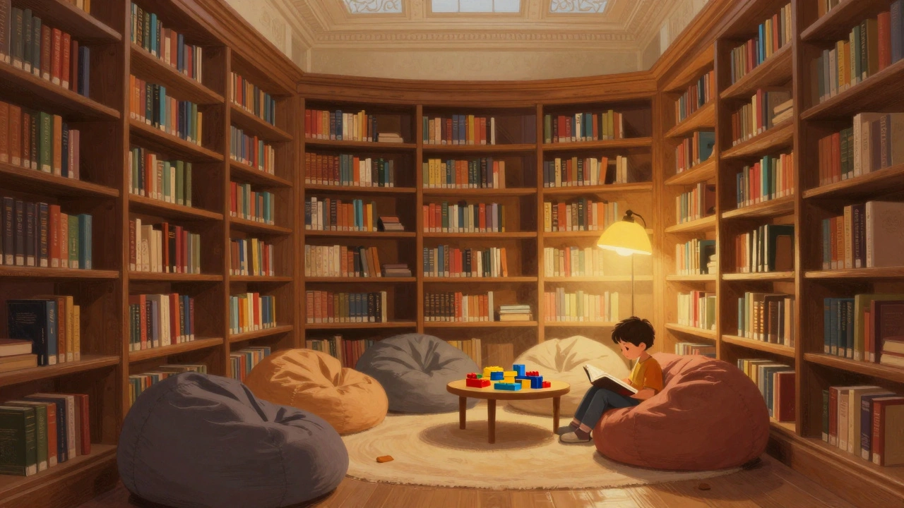 A child reading in a cozy, sunlit nook of a historic Chicago public library