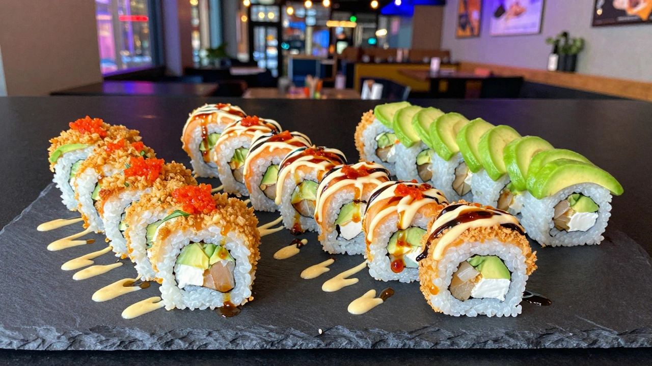 A colorful assortment of creative fusion sushi rolls on a slate platter