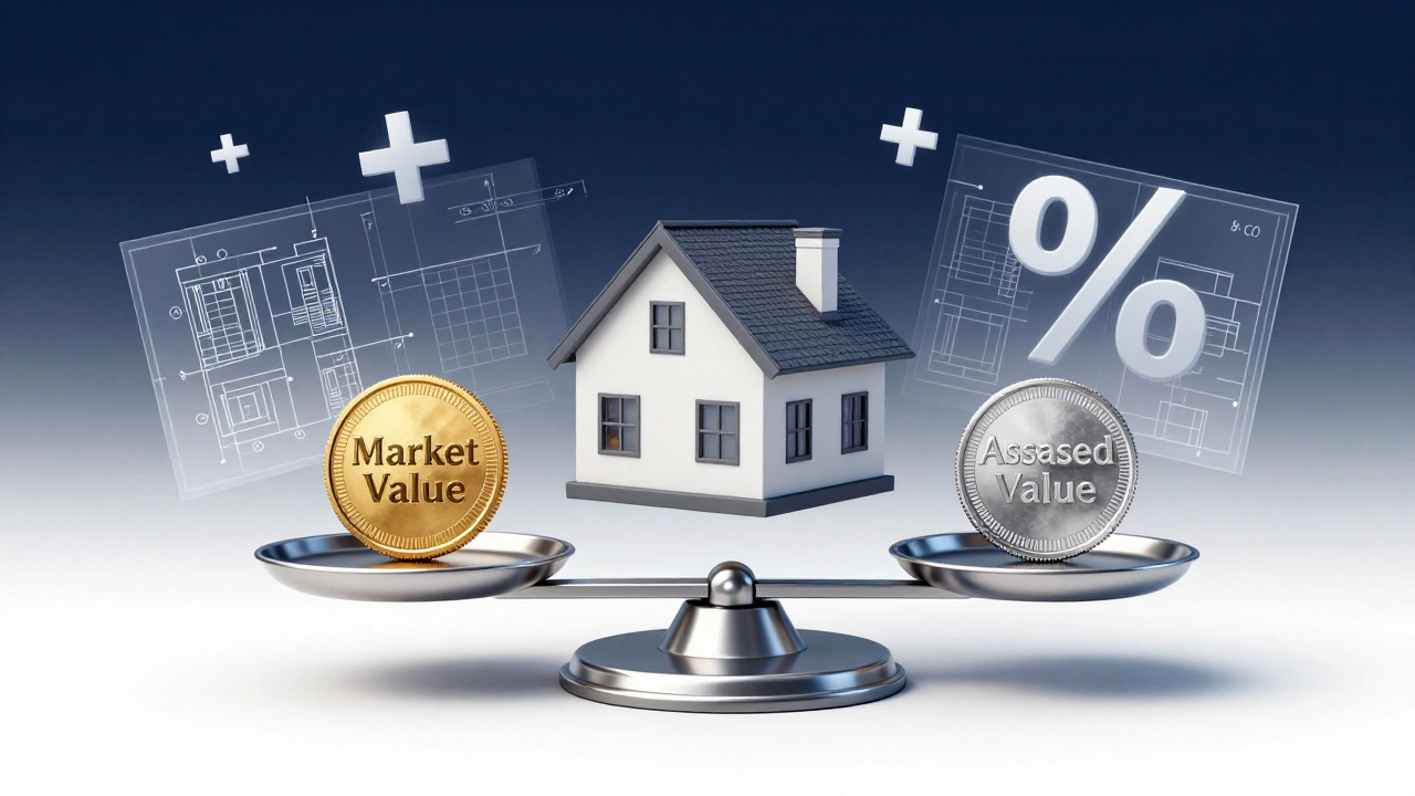 A conceptual 3D image of a house on a scale comparing market and assessed values.