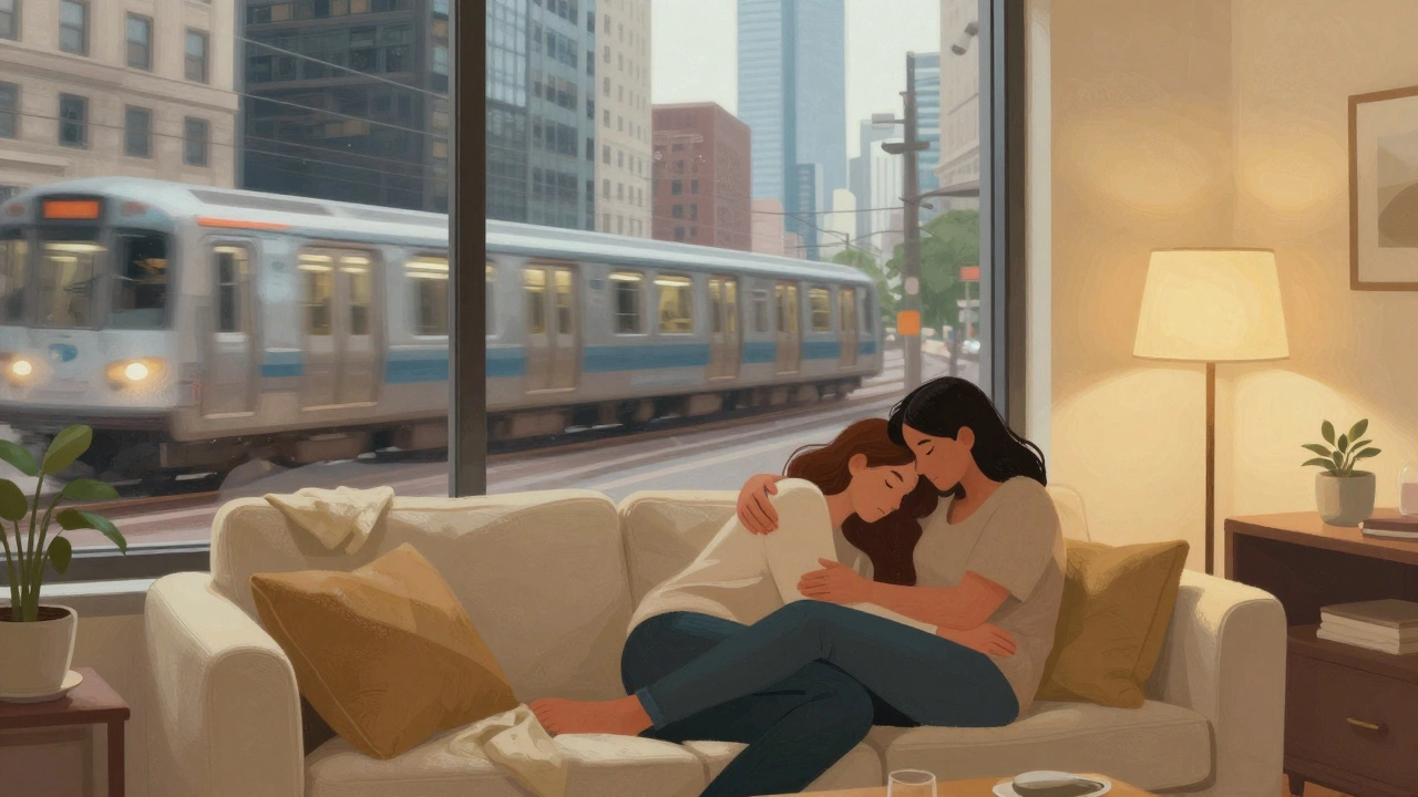A couple cuddling on a cozy sofa inside an apartment with the busy Chicago city skyline outside.