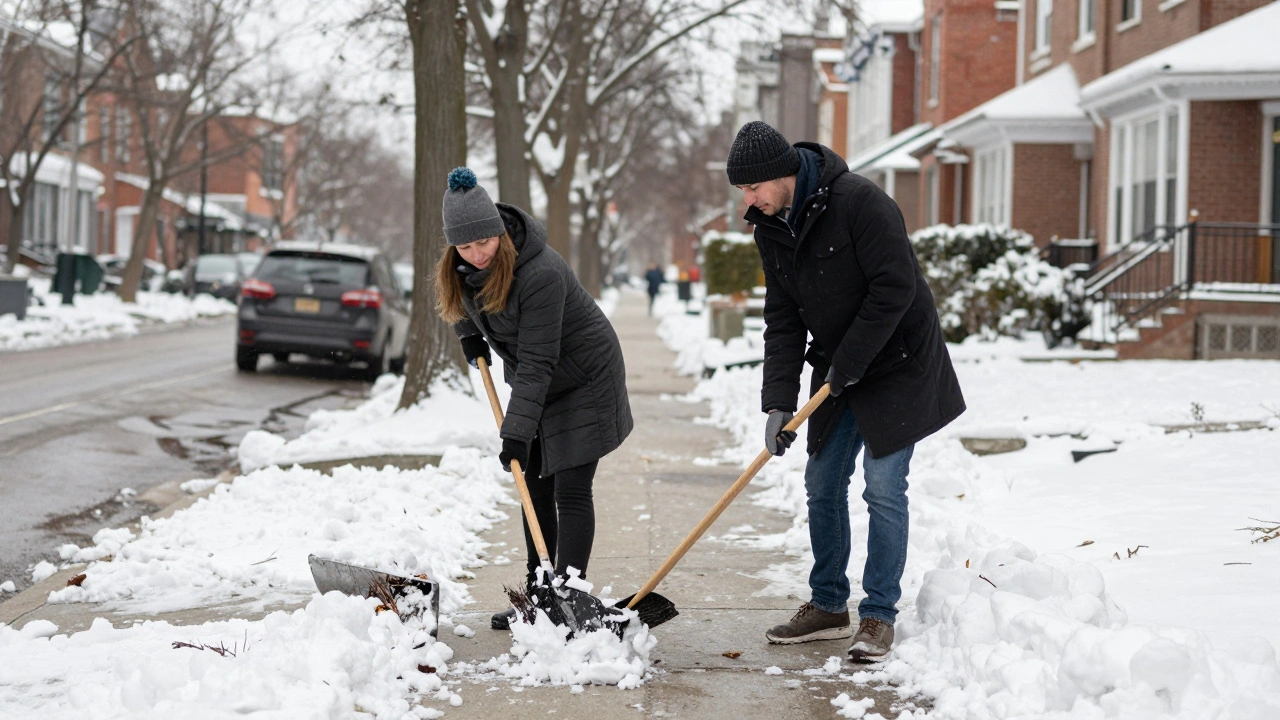 A couple in winter gear working together to shovel snow from a Chicago sidewalk.