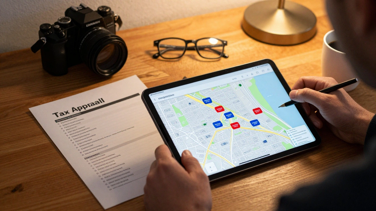 A desk with a tablet and documents used to gather evidence for a property tax appeal.