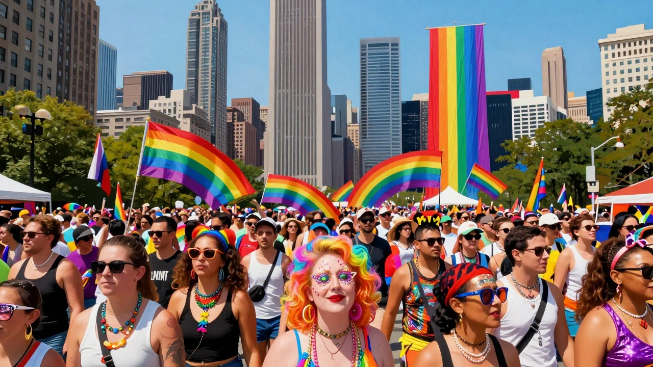 A massive, joyful crowd celebrating Chicago Pride with rainbow colors and city banners.