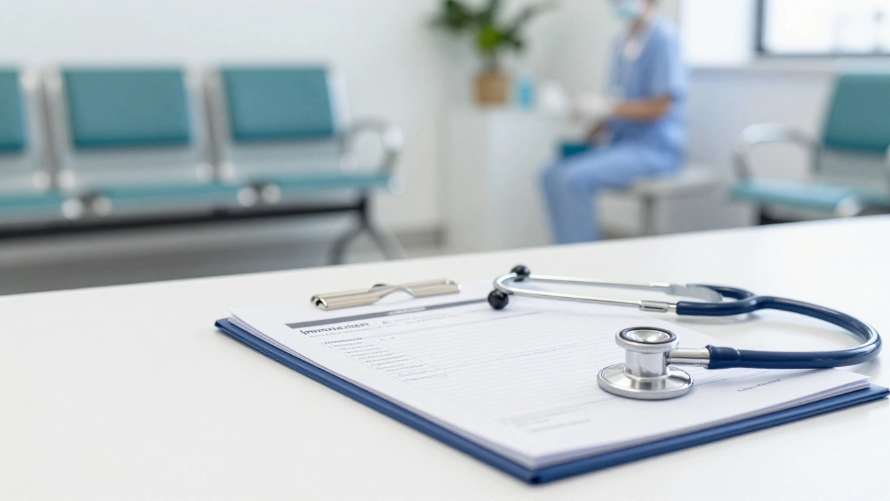 A medical clipboard with immunization records and a stethoscope in a clinic.