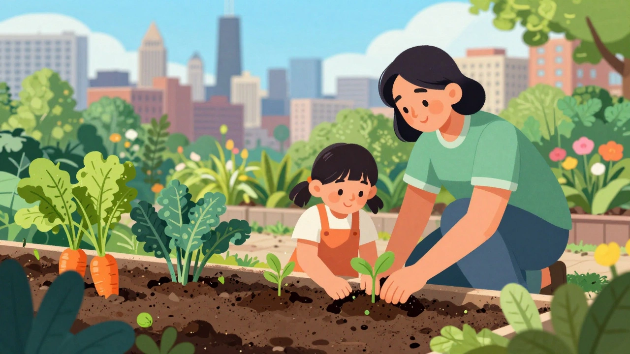 A parent and child planting seedlings in a sunny urban community garden.