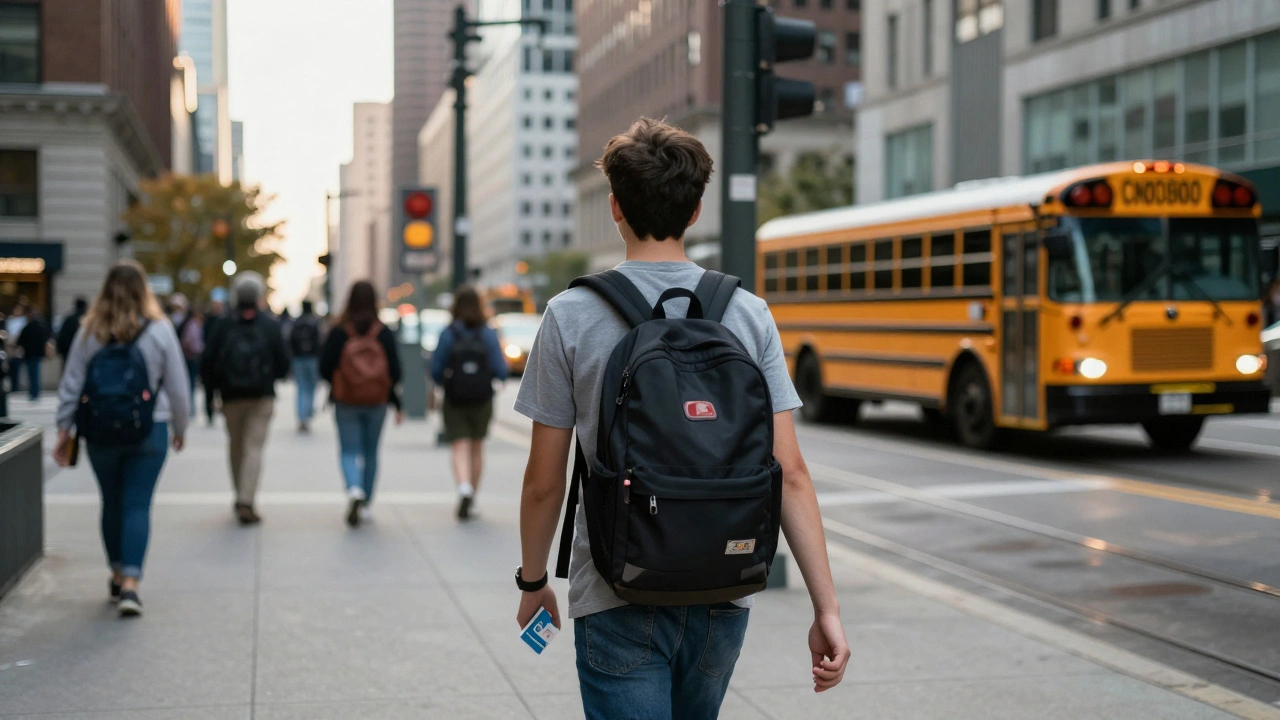 A student walking toward a Chicago CTA station for the morning school commute.
