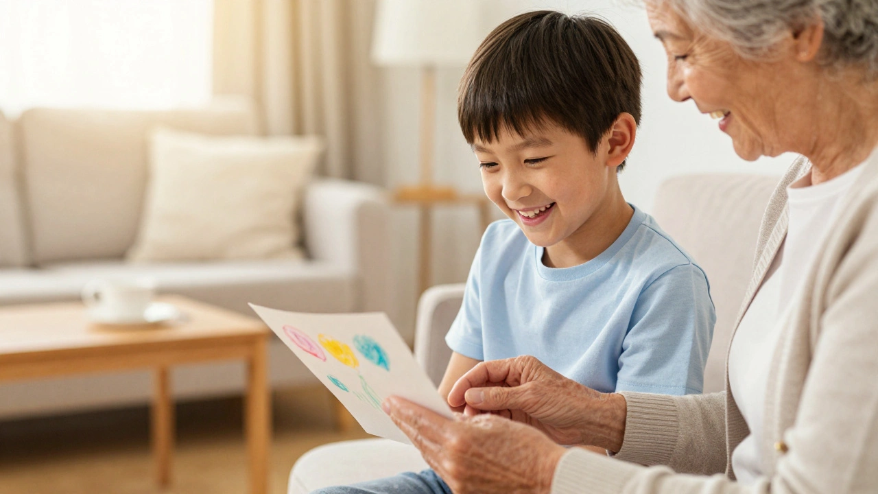 A young boy sharing a handmade card with an elderly woman in a senior center.