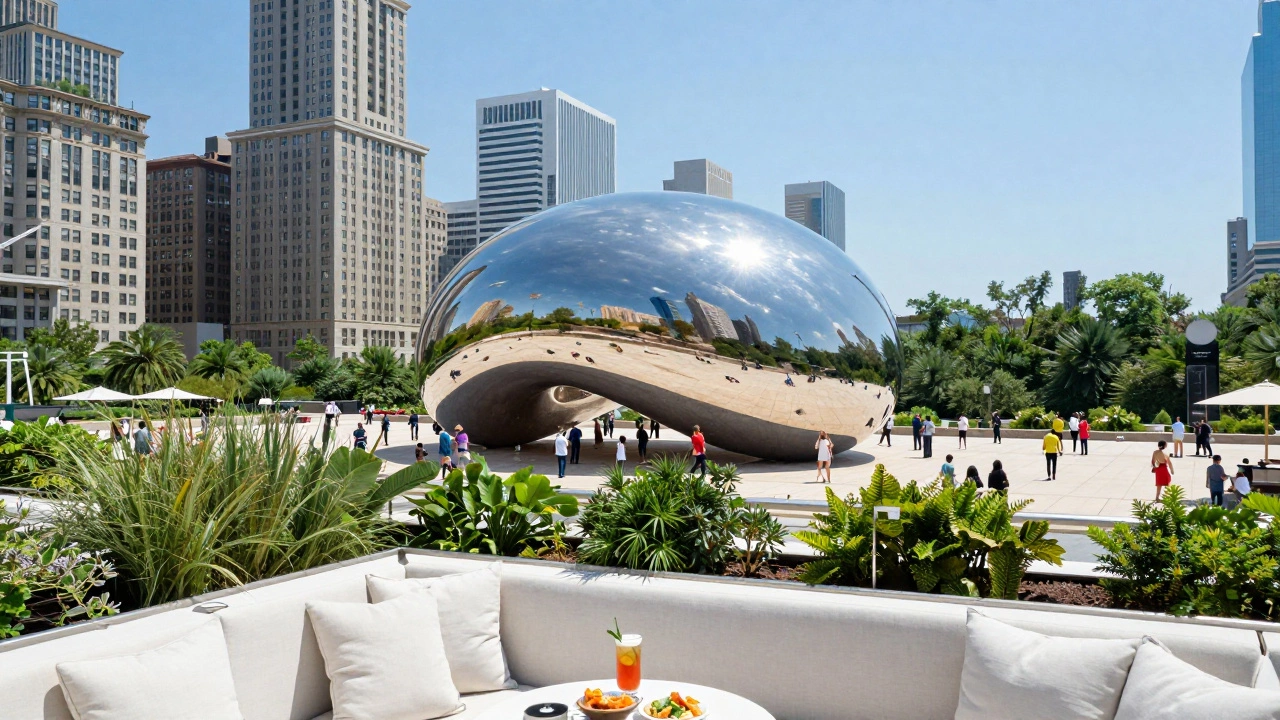 Aerial view from Cindy's Rooftop overlooking Millennium Park and the Cloud Gate sculpture.