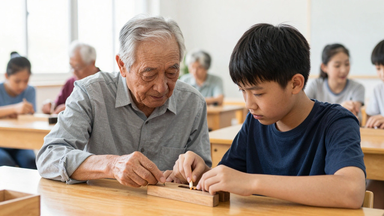 An elderly man mentoring a teenager with a traditional craft in a bright community center.